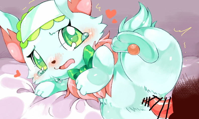 &lt;3 bed blush canine censored chest_tuft crying dog faceless_male female fluffy fluffy_tail fur green_eyes green_fur jewelpet male male/female mammal meru milky_(jewelpet) penis pink_fur pussy raised_leg ribbons sanrio sex spread_legs spreading tears tuft