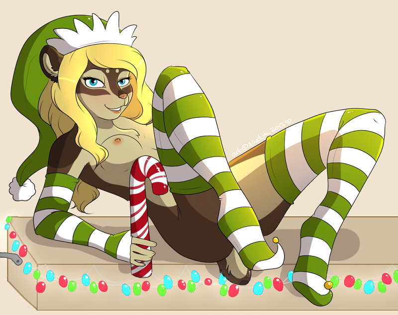 anthro breasts candy candy_cane cervine christmas deer female food hat holidays looking_at_viewer lying mammal nipples on_back saetia santa_hat smile solo
