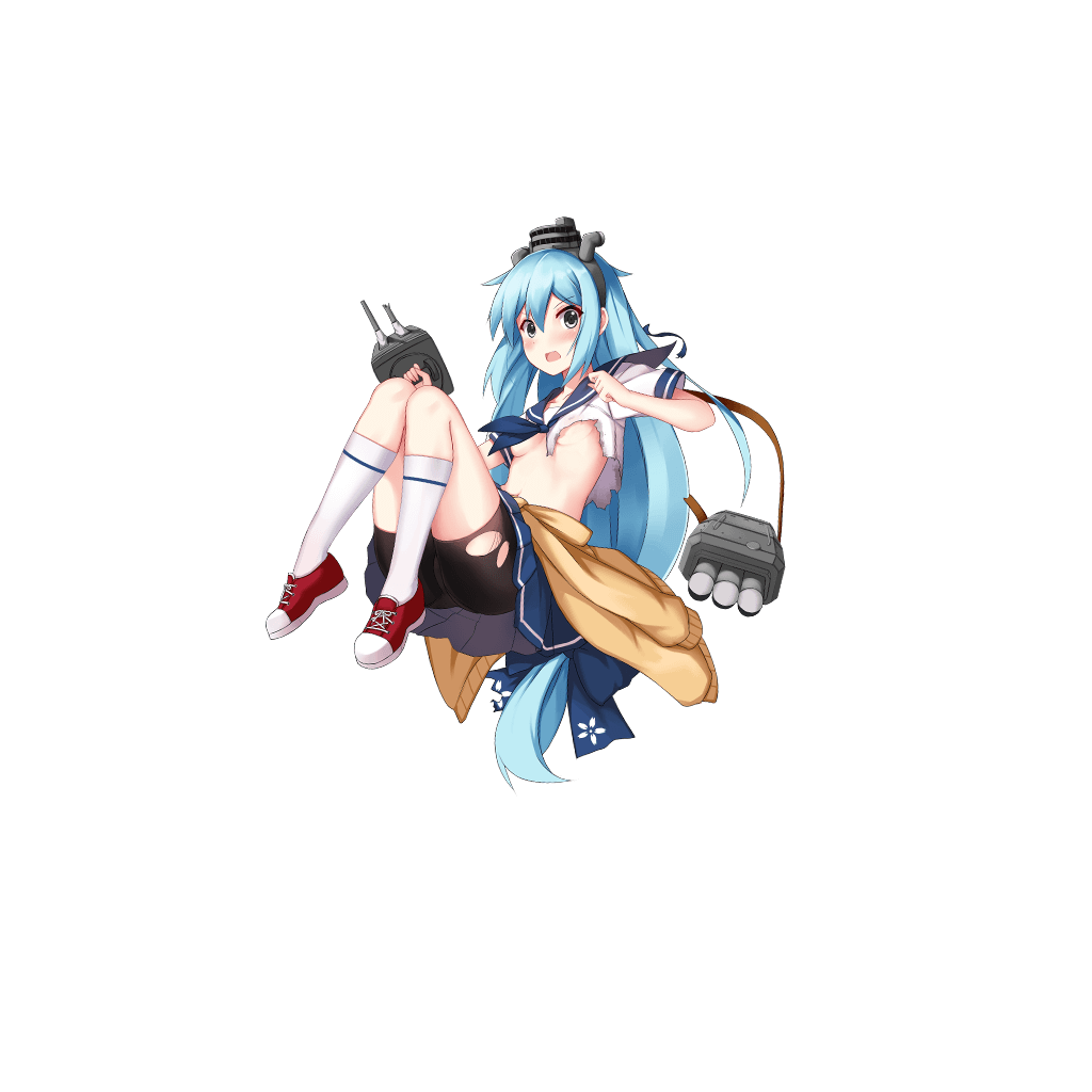 allenes bike_shorts black_shorts blue_bow blue_hair blue_ribbon blue_skirt blush bow breasts cannon cardigan_around_waist damaged full_body green_eyes hair_down hair_undone hatsuyuki_(zhan_jian_shao_nyu) headband headgear holding holding_weapon knees_up long_hair looking_at_viewer low-tied_long_hair machinery navel official_art open_mouth pleated_skirt red_footwear ribbon rigging school_uniform shirt shoes short_sleeves shorts skirt small_breasts socks solo torn_clothes torpedo transparent_background turret very_long_hair weapon white_legwear white_shirt zhan_jian_shao_nyu
