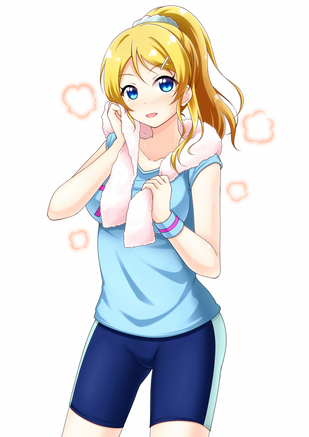 7nanappe ayase_eli bike_shorts blonde_hair blue_eyes blue_scrunchie blush hair_ornament hairclip highres long_hair looking_at_viewer love_live! love_live!_school_idol_project ponytail scrunchie shirt simple_background smile solo t-shirt towel white_background wiping_face