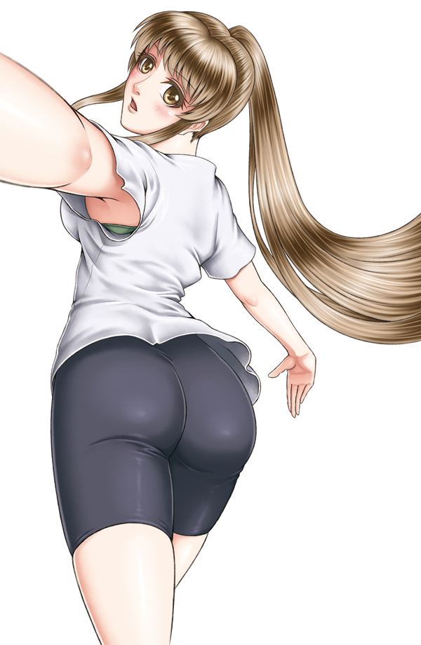 1girl aoba_kazane artist_request ass bike_shorts blush breasts brown_eyes brown_hair from_behind keijo!!!!!!!! large_breasts long_hair looking_at_viewer looking_back matching_hair/eyes open_mouth parted_lips ponytail shiny shiny_clothes shiny_hair shiny_skin shirt sideboob solo very_long_hair