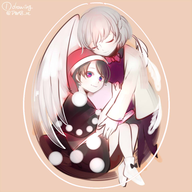 bad_id bad_twitter_id banned_artist beige_background book bow bowtie braid closed_eyes doremy_sweet dress english feathers french_braid full_body hat hug jacket jpeg_artifacts kishin_sagume long_sleeves looking_at_viewer multicolored multicolored_eyes multiple_girls nightcap pillow pillow_hug pom_pom_(clothes) short_sleeves silver_hair simple_background single_wing sitting smile socks touhou twitter_username wings yuge_mugito