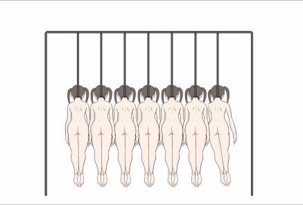 6+girls animated animated_gif artist_request asphyxiation ass back brown_hair execution from_behind hanged hanging long_hair multiple_girls newton's_cradle nude restrained rope simple_background swinging twintails white_background