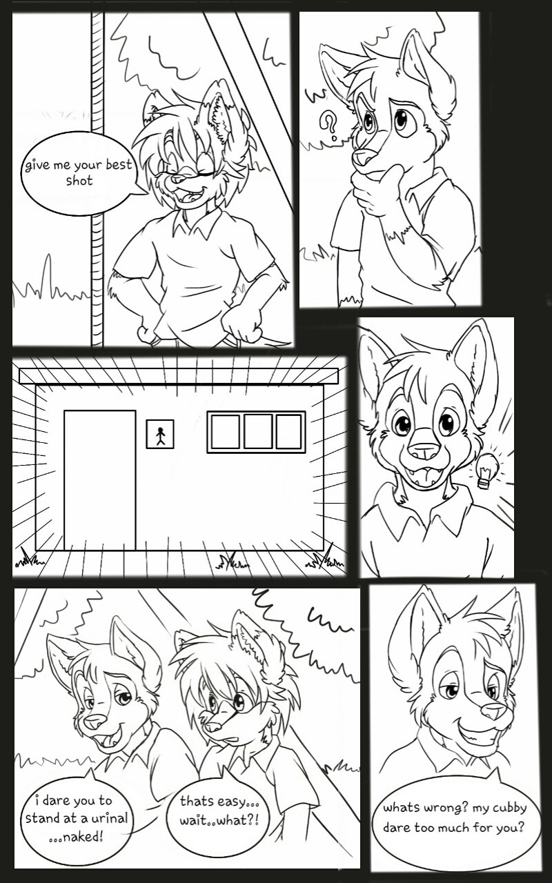 anthro bathroom black_and_white canine clothed clothing comic cub dialogue dog english_text eyes_closed fox idea kit_hawking kithawking looking_at_viewer male male/male mammal monochrome open_mouth park simple_background smile standing text thinking wagner young