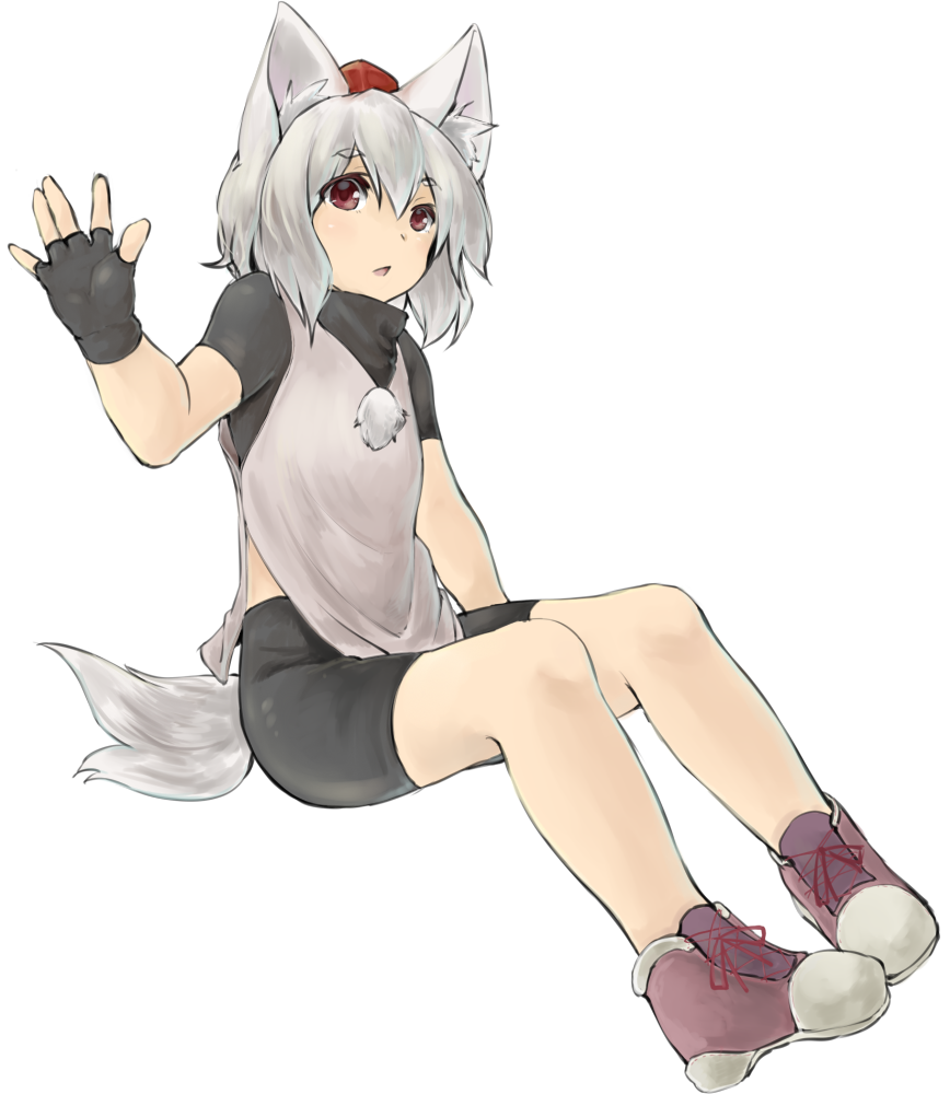 adapted_costume animal_ears bike_shorts black_gloves brown_eyes fingerless_gloves from_side full_body gloves hair_between_eyes hat inubashiri_momiji looking_at_viewer looking_to_the_side netamaru pom_pom_(clothes) shoes short_hair silver_hair sitting sneakers solo tokin_hat touhou triangle_mouth undershirt wolf_ears