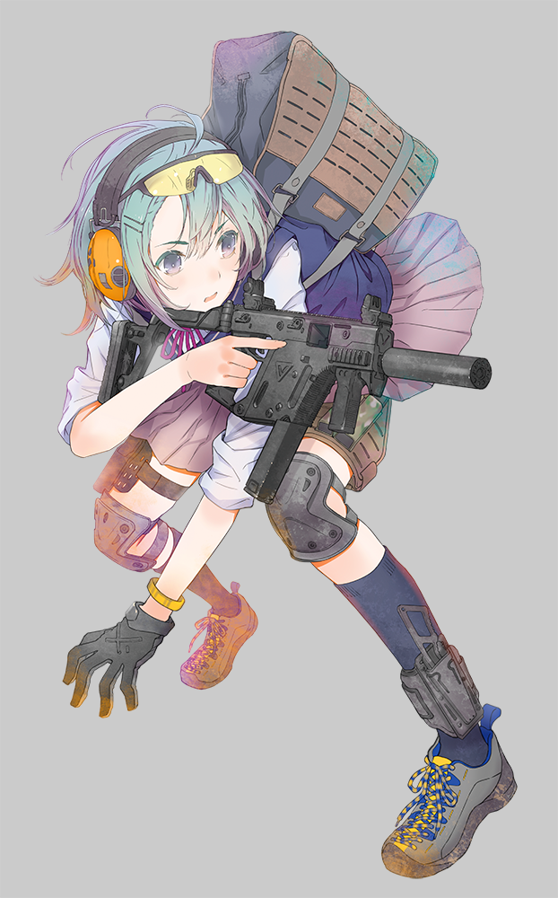 aqua_hair bag black_legwear blue_eyes character_request commentary_request ear_protection eyewear_on_head full_body fuyuno_haruaki gloves grey_background gun knee_pads kriss_vector little_armory shooting_glasses short_hair shoulder_bag single_glove solo submachine_gun weapon