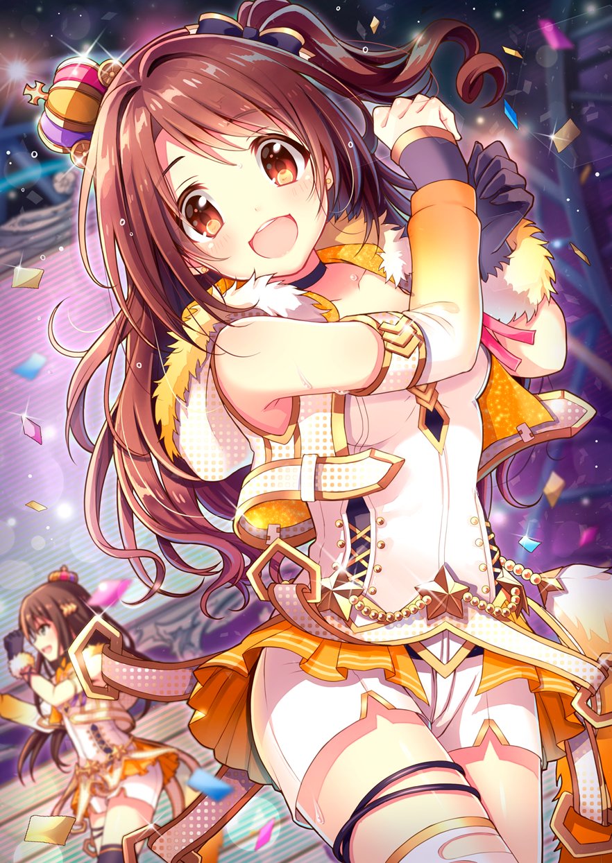 blurry blush brown_hair commentary_request confetti crown depth_of_field detached_sleeves dutch_angle fur_trim gloves green_eyes highres idolmaster idolmaster_cinderella_girls long_hair looking_at_viewer mini_crown multiple_girls one_side_up party_time_gold serino_itsuki shibuya_rin shimamura_uzuki single_glove sparkle stage star