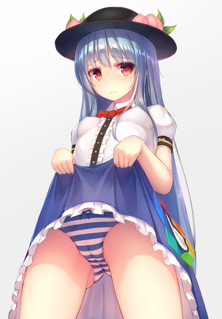 ass_visible_through_thighs bangs black_hat blue_hair blue_skirt bow bow_panties bowtie breasts buttons cameltoe closed_mouth collared_shirt covered_nipples cowboy_shot eyebrows_visible_through_hair food frilled_skirt frills fruit hat hat_leaf hinanawi_tenshi lifted_by_self long_hair looking_at_viewer munuu panties peach puffy_short_sleeves puffy_sleeves pulled_by_self rainbow_order red_bow red_eyes red_neckwear shirt short_sleeves simple_background skirt skirt_lift small_breasts solo standing striped striped_panties tearing_up tears touhou underwear very_long_hair white_background white_shirt wing_collar