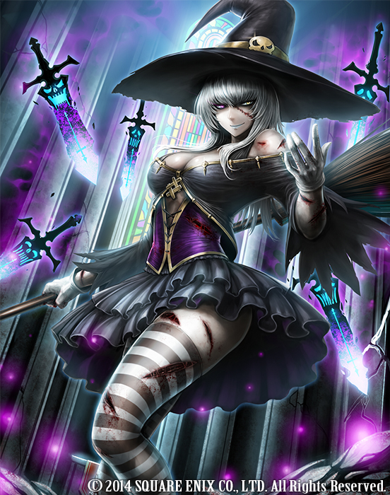 bangs bare_shoulders black_dress breasts broom cleavage closed_mouth commentary_request corset cuts deadman's_cross dress hat heterochromia injury layered_dress long_hair long_sleeves looking_at_viewer medium_breasts misawa_kei off-shoulder_dress off_shoulder official_art pink_eyes short_dress sidelocks silver_hair smile solo striped striped_legwear sword thighhighs undead watermark weapon wide_sleeves witch_hat yellow_eyes