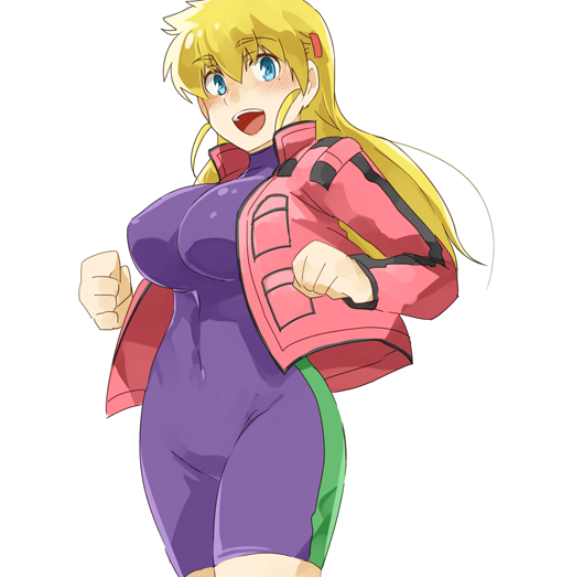 1girl blonde_hair blue_eyes blush bodysuit bodysuit_under_clothes breasts clenched_hands commentary_request covered_navel cropped_legs erect_nipples eyebrows_visible_through_hair fighting_stance fuurinji_miu hair_down hair_ornament hairclip hannpen5500 jacket large_breasts long_hair looking_at_viewer open_clothes open_jacket open_mouth red_jacket shijou_saikyou_no_deshi_ken'ichi simple_background skin_tight solo standing unitard upper_teeth white_background