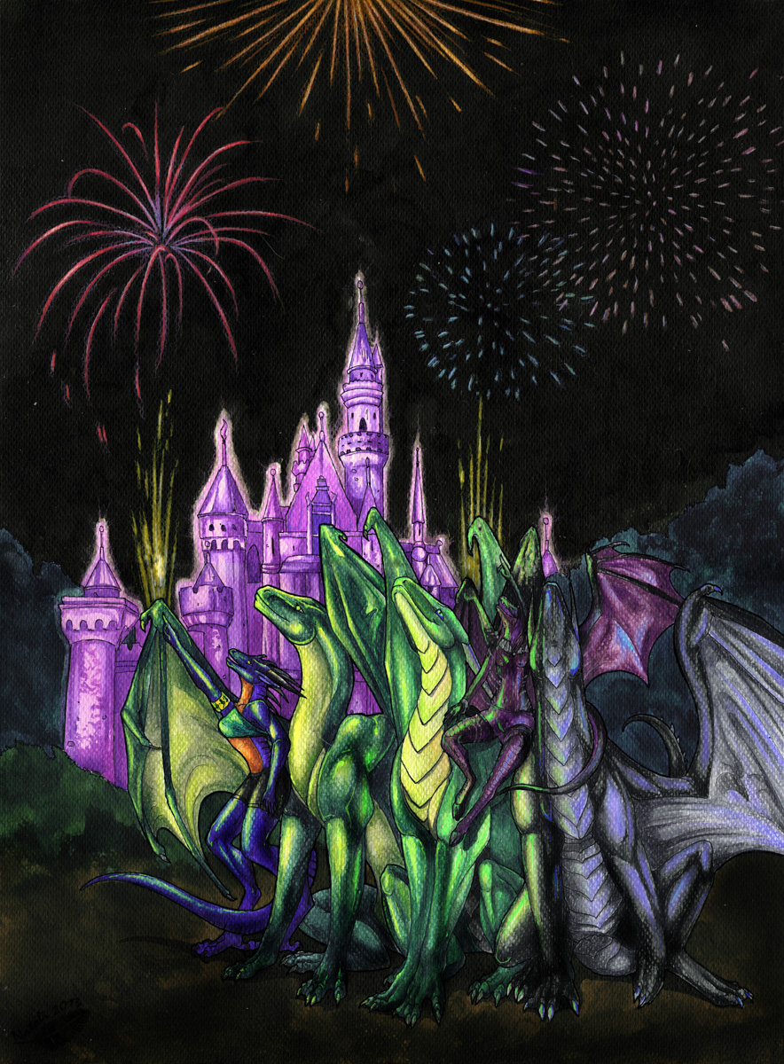 2013 anthro clothed clothing detailed_background dragon featureless_crotch female feral fireworks male membranous_wings natoli night nude outside sitting standing traditional_media_(artwork) wings