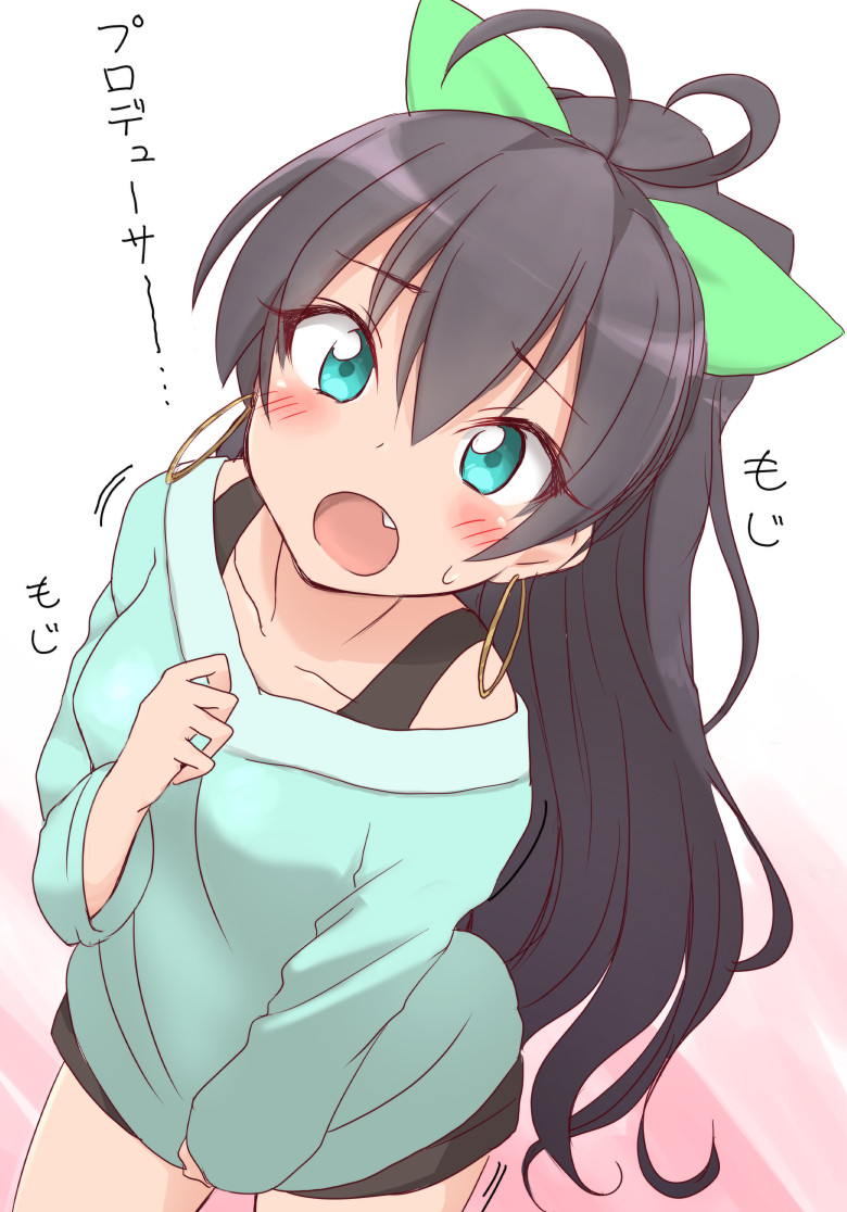 antenna_hair bangs black_hair black_shorts blue_shirt blush collarbone dutch_angle earrings embarrassed eyebrows_visible_through_hair fang from_above ganaha_hibiki green_eyes green_ribbon hair_between_eyes hair_ribbon hand_on_own_chest hand_up high_ponytail hoop_earrings idolmaster idolmaster_(classic) jewelry kotaro legs_apart long_hair long_sleeves looking_at_viewer looking_up motion_lines open_mouth ponytail ribbon shirt shirt_tug shorts simple_background sleeves_past_wrists solo standing sweatdrop talking translated white_background