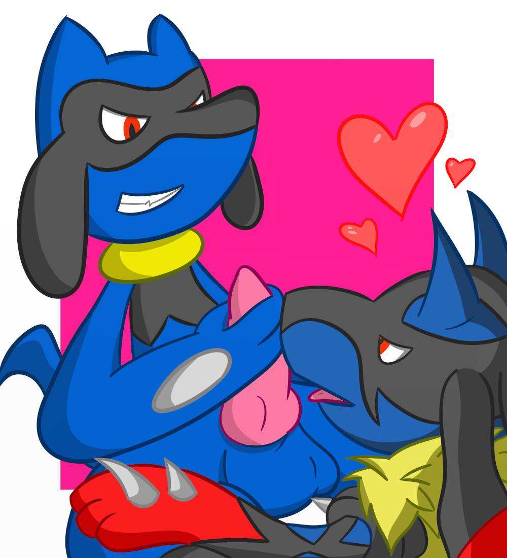 &lt;3 2017 abra_the_kadabra ambiguous_gender animal_genitalia animal_penis balls blue_fur blue_tail canine_penis duo erection fur grey_fur grin holding_penis male mega_evolution mega_lucario nintendo open_mouth penis pok&eacute;mon red_eyes red_fur riolu simple_background sitting spikes spread_legs spreading tongue tongue_out tuft video_games yellow_fur