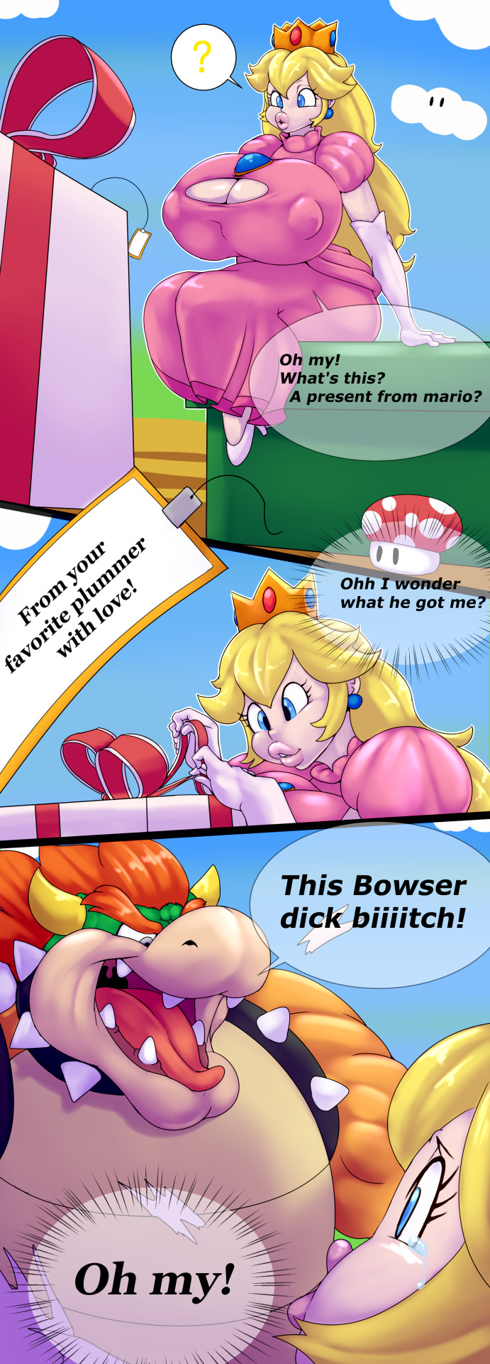 ? anthro ber00_(artist) big_breasts bowser breasts comic duo english_text female huge_breasts human koopa male mammal mario_bros nintendo nipple_bulge open_mouth princess_peach scalie text video_games