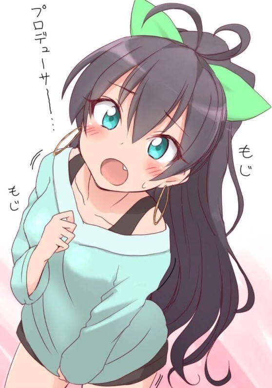 antenna_hair bangs black_hair black_shorts blue_shirt blush collarbone dutch_angle earrings embarrassed eyebrows_visible_through_hair fang from_above ganaha_hibiki green_eyes green_ribbon hair_between_eyes hair_ribbon hand_on_own_chest hand_up high_ponytail hoop_earrings idolmaster idolmaster_(classic) jewelry kotaro legs_apart long_hair long_sleeves looking_at_viewer looking_up motion_lines open_mouth ponytail ribbon shirt shirt_tug shorts simple_background sleeves_past_wrists solo standing sweatdrop talking white_background