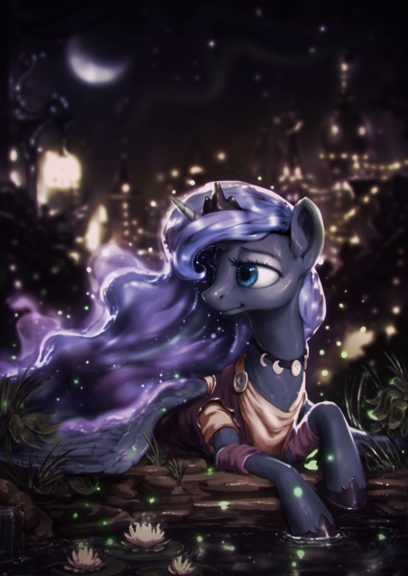assasinmonkey blue_eyes blue_hair clothed clothing colored detailed_background edit equine eyelashes feathered_wings feathers female feral friendship_is_magic hair hooves horn lying mammal my_little_pony night princess_luna_(mlp) smile solo unicorn_horn water winged_unicorn wings