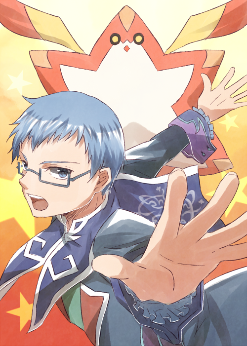 1boy blue_eyes blue_hair coat frills glasses hubert_ozwell open_mouth short_hair tales_of_(series) tales_of_graces