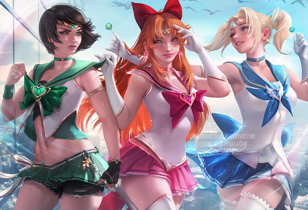3girls arm armlet bare_arms bare_legs belt bird bishoujo_senshi_sailor_moon black_gloves black_hair blonde_hair blossom blue_bow blue_choker blue_eyes blue_skirt bow buttercup candy cartoon_network choker cityscape clenched_teeth clothes_grab cosplay crossover earrings emerald_(stone) female fingerless_gloves gem ginger gloves green_bow green_choker green_eyes green_skirt grin hair_bow hair_ornament heart heart_gem jewelry legs lips lollipop long_hair looking_at_another midriff multiple_girls nail_polish navel neck necklace one_eye_closed orange_hair outdoors outstretched_arm pale_skin parted_lips pigtails pink_choker pink_eyes pink_skirt pleated_skirt powerpuff_girls purple_bow red_bow sailor_senshi sailor_senshi_(cosplay) sakimichan sapphire_(stone) short_hair shorts_under_skirt siblings single_glove sisters skirt sleeveless smile star star_earrings star_necklace super_sailor_senshi super_sailor_senshi_(cosplay) teeth thighhighs tiara twintails white_gloves white_legwear wink