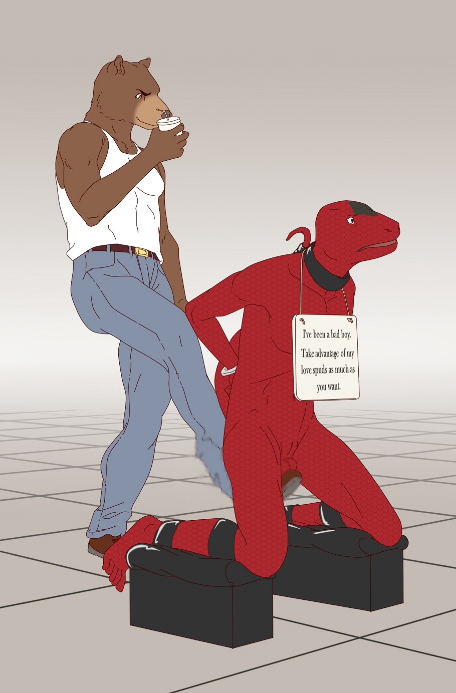 9x9 animal_genitalia anthro ballbusting balls bdsm bear bound cloaca clothed clothing cock_and_ball_torture cuffs_(disambiguation) jeans kneeling lizard male mammal muscular nude open_mouth pain pants reptile scalie shirt sign smile sneakers standing tank_top