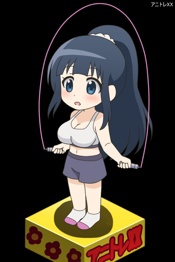 animated animated_gif anitore!_ex awa black_background black_hair blue_eyes bouncing_breasts breasts cleavage copyright_name jump_rope large_breasts long_hair looping_animation midriff navel ponytail saotome_shizuno scrunchie shorts sidelocks socks solo sports_bra