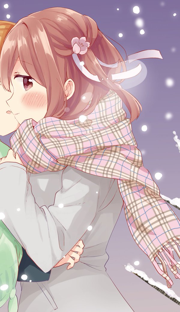 2girls blush cherry_blossom grab implied_kiss kiss multiple_girls official_art open_mouth sakura_trick scarf snow sonoda_yuu takayama_haruka yuri