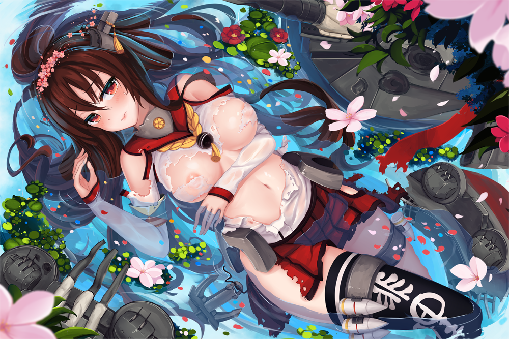 anchor black_legwear blush breasts brown_hair covered_nipples detached_sleeves flower kantai_collection large_breasts lying_on_water machinery navel nipples ponytail red_eyes see-through sekigan shirt single_thighhigh skirt solo thighhighs torn_clothes torn_shirt turret yamato_(kantai_collection)