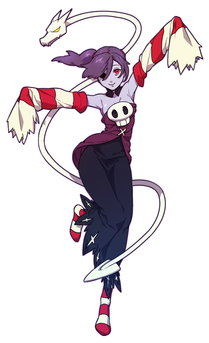 1girl bare_shoulders blue_skin breasts detached_collar detached_sleeves dress female ganno hair_over_one_eye leviathan_(skullgirls) monster_girl red_eyes side_ponytail skullgirls squigly_(skullgirls) stitched_mouth stitches striped striped_legwear striped_sleeves yellow_eyes zombie