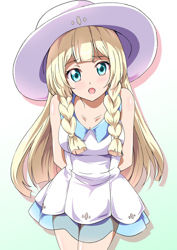 bangs blonde_hair blue_eyes blue_ribbon blunt_bangs braid breasts cleavage collared_dress commentary_request dress gradient gradient_background hat hat_ribbon lillie_(pokemon) long_hair looking_at_viewer medium_breasts pokemon pokemon_(game) pokemon_sm ribbon sleeveless sleeveless_dress solo sun_hat sundress twin_braids washizuka_shou white_dress white_hat