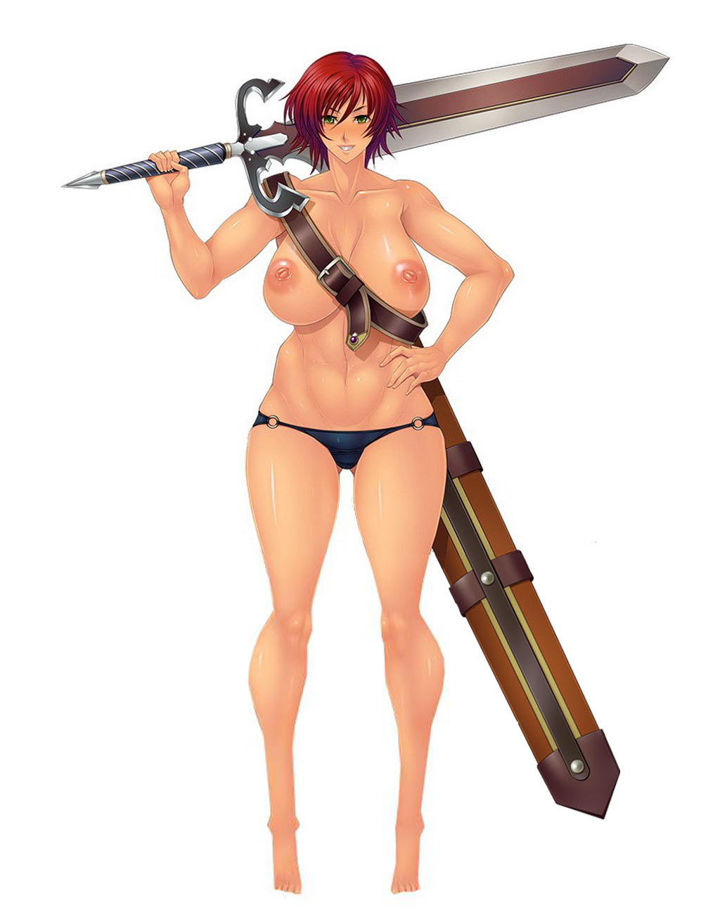 1girl asagiri ayes bellona_seianus breasts female full_body giant_sword green_eyes large_breasts lilith-soft nipples nude onna_kentoushi_minerva_monster_colosseum red_hair simple_background solo sword warrior weapon white_background