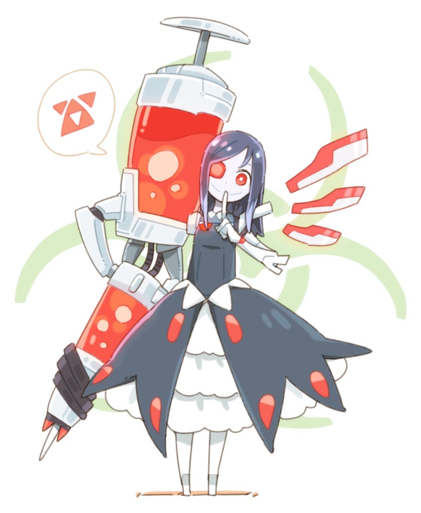 alien battleborn beatrix_(battleborn) black_hair cyborg dress lolita_fashion long_hair mechanical_arm mechanical_eye mechanical_legs red_eyes smile solo wing ziro_(daydozen)