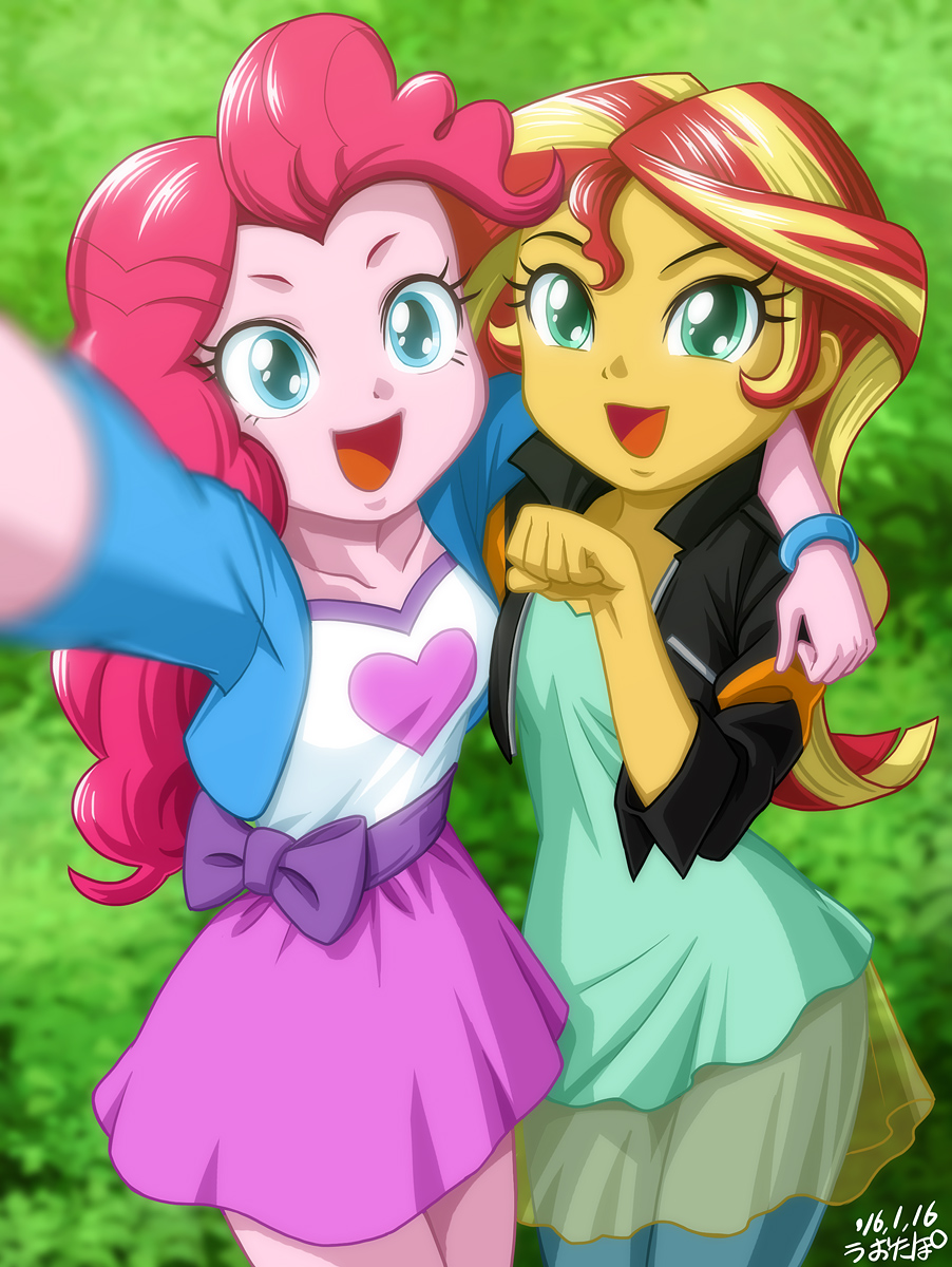 2girls arm_around_shoulder blonde_hair blue_eyes cyan_eyes green_eyes long_hair multiple_girls my_little_pony my_little_pony_equestria_girls my_little_pony_friendship_is_magic personification pink_hair pink_skin pinkie_pie red_hair self_shot sunset_shimmer tagme two-tone_hair uotapo yellow_skin