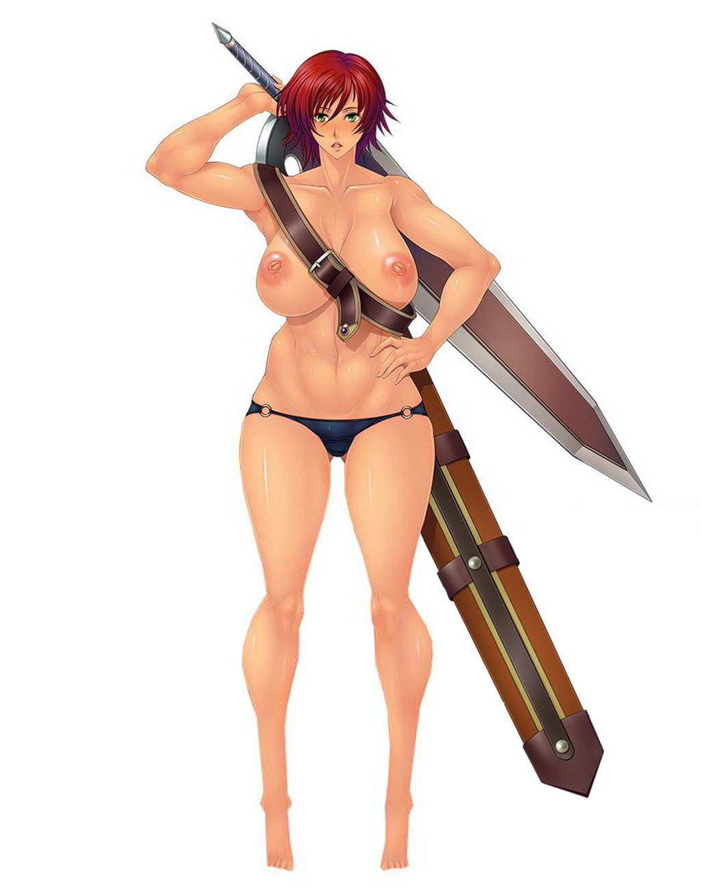 1girl asagiri ayes bellona_seianus breasts female full_body giant_sword green_eyes large_breasts lilith-soft nipples nude onna_kentoushi_minerva_monster_colosseum red_hair simple_background solo sword warrior weapon white_background
