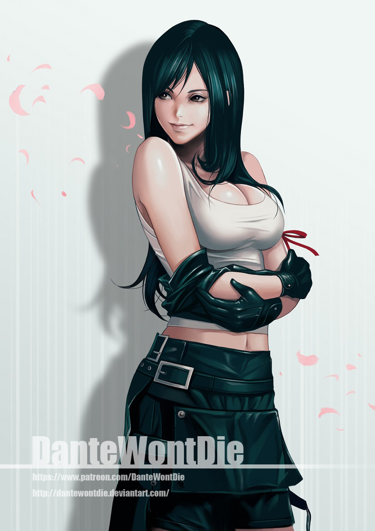 banned_artist black_gloves black_hair breasts cleavage final_fantasy final_fantasy_vii final_fantasy_vii_advent_children gloves large_breasts long_hair looking_to_the_side midriff smile solo tank_top tifa_lockhart upper_body yinan_cui