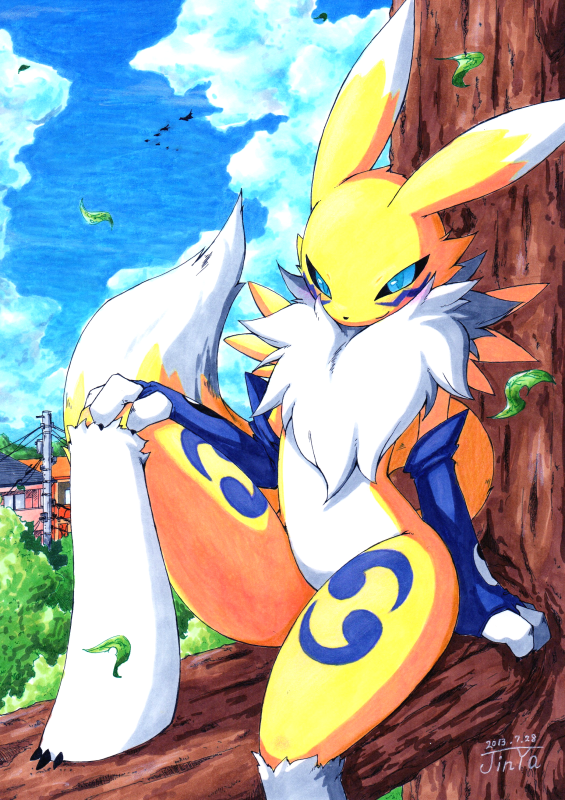 akabane_jin ambiguous_gender anthro armwear bandai_namco black_sclera chest_tuft clothing digimon digimon_(species) dipstick_ears fur multicolored_ears plant renamon solo tree tuft yellow_body yellow_fur