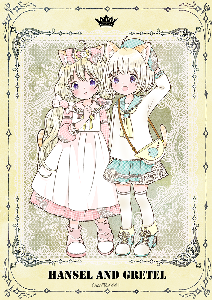 2girls adjusting_clothes adjusting_headwear ahoge animal_ear_fluff animal_ears aqua_footwear aqua_headwear aqua_sailor_collar aqua_skirt arm_up artist_name bag beret black_border blush border bow buttoned_cuffs cat_ears cat_girl cat_tail collared_dress commentary_request copyright_name cross-laced_footwear crown cuff_links doily dress emo_(mikan) flower food-themed_hair_ornament frilled_dress frills full_body grey_background hair_bow hair_flower hair_ornament hand_on_own_chest handbag hansel_and_gretel hat lace_background long_sleeves looking_at_viewer loose_socks multiple_girls neck_ribbon neckerchief open_mouth original ornate_border over-kneehighs partial_commentary pink_bow pink_dress pink_footwear pink_socks plaid plaid_bow plaid_dress plaid_headwear plaid_sailor_collar plaid_skirt print_skirt purple_eyes ribbon sailor_collar shirt shoes skirt sleeve_cuffs socks standing stencil_lettering strawberry_hair_ornament tail thighhighs two-tone_footwear watermark white_dress white_flower white_footwear white_hair white_neckerchief white_shirt yellow_ribbon