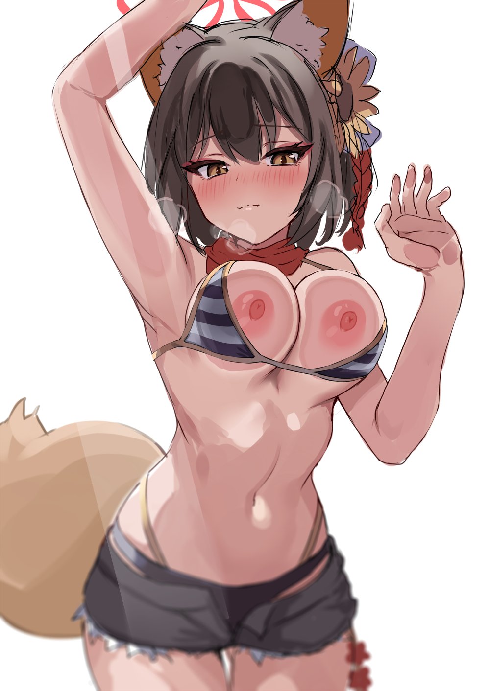 1girl against_glass animal_ear_fluff animal_ears arm_up armpits bikini black_hair blue_archive blush breast_press breasts breasts_on_glass breasts_out breath brown_eyes cleavage closed_mouth cowboy_shot curvy eyelashes flower fox_ears fox_girl fox_tail hair_flower hair_ornament halo hand_on_glass hand_up highres izuna_(blue_archive) izuna_(swimsuit)_(blue_archive) kurokin large_breasts looking_at_viewer micro_shorts navel nipples partially_unzipped pink_halo red_scarf scarf shorts simple_background smile solo standing stomach straight-on striped striped_bikini sunflower sunflower_hair_ornament swimsuit tail thigh_gap white_background
