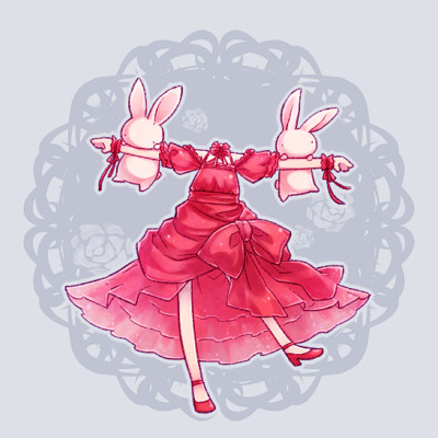 1girl animal_on_arm bare_shoulders bow bowtie commentary_request dated_commentary dress dullahan floral_background frilled_sleeves frills full_body headless high_heels lowres original outstretched_arms pink_bow pink_bowtie pink_dress pink_footwear puffy_short_sleeves puffy_sleeves pumps rabbit rakuni rose_background short_sleeves solo spread_arms white_rabbit_(animal) wrist_cuffs