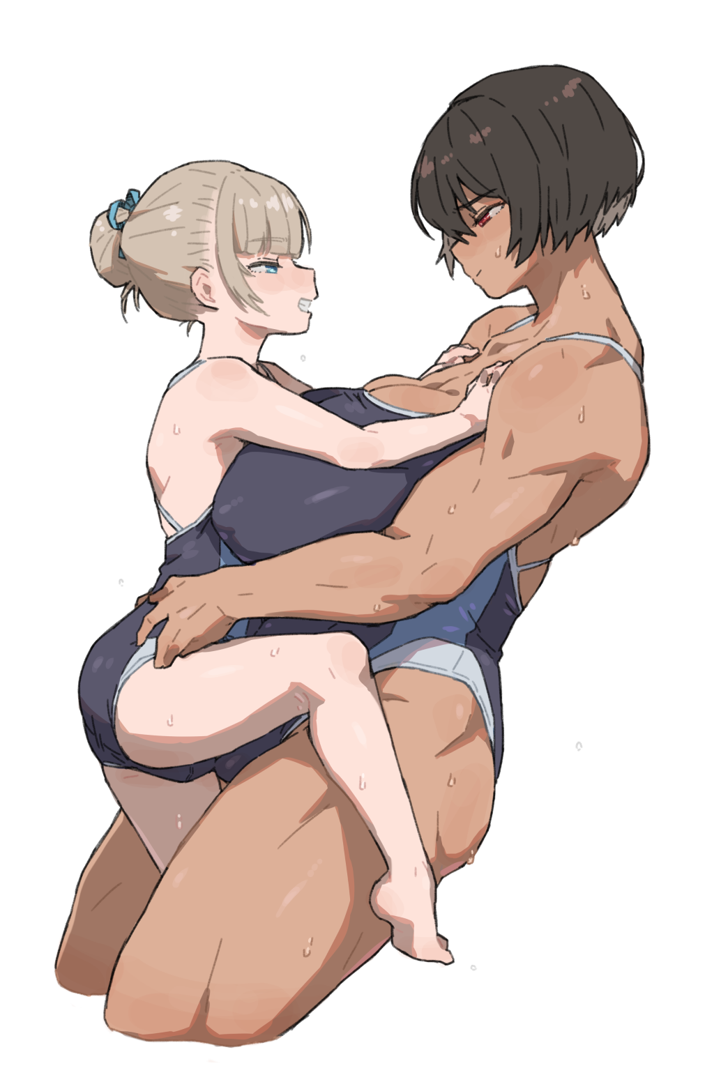 2girls age_difference black_hair blonde_hair blue_eyes breasts bulge carrying carrying_person competition_school_swimsuit dark-skinned_female dark_skin erection erection_under_clothes futa_with_female futanari gym_uniform hands_on_another's_thighs height_difference highres huge_breasts implied_futanari kei_(m_k) long_hair m_k multiple_girls onee-loli original ponytail red_eyes rika_(m_k) school_swimsuit short_hair simple_background size_difference standing sweat swimsuit tall tall_female tan tomboy wife_and_wife