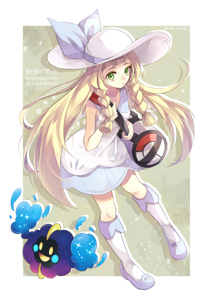 1girl bag blonde_hair border braid closed_mouth collared_dress commentary cosmog dress duffel_bag eyelashes green_background green_eyes hat hat_ribbon holding_strap kneehighs knees lillie_(pokemon) long_hair poke_ball_print pokemon pokemon_(creature) pokemon_sm ribbon see-through shoes sleeveless sleeveless_dress socks sun_hat sundress twin_braids white_border white_dress white_headwear yomogi_(black-elf)