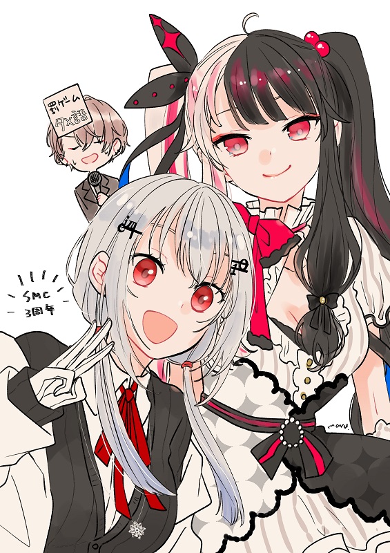 1boy 2girls :d black_cardigan black_hair black_jacket black_ribbon breasts brown_hair cardigan cleavage closed_eyes closed_mouth collared_shirt dress grey_hair hair_bobbles hair_ornament hair_over_one_eye hair_over_shoulder hair_ribbon hakase_fuyuki holding holding_microphone jacket kagami_hayato long_hair long_sleeves looking_at_viewer low_twintails maru_(memoriatechnica) medium_breasts microphone multicolored_hair multiple_girls neck_ribbon nijisanji puffy_long_sleeves puffy_sleeves red_eyes red_ribbon ribbon shirt sidelocks simple_background sleeves_past_wrists smile striped striped_dress sweat translation_request twintails two-tone_hair v vertical-striped_dress vertical_stripes very_long_hair white_background white_dress white_jacket white_shirt yorumi_rena yorumi_rena_(1st_costume)