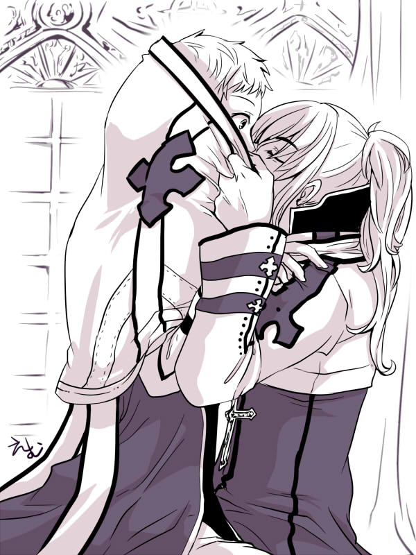 2boys arch_bishop_(ragnarok_online) closed_eyes clothes_grab commentary_request cross flowery_peko greyscale high_ponytail jacket_grab kiss long_hair long_sleeves looking_at_another male_focus medium_bangs monochrome multiple_boys ragnarok_online short_bangs stained_glass surprise_kiss surprised upper_body window yaoi