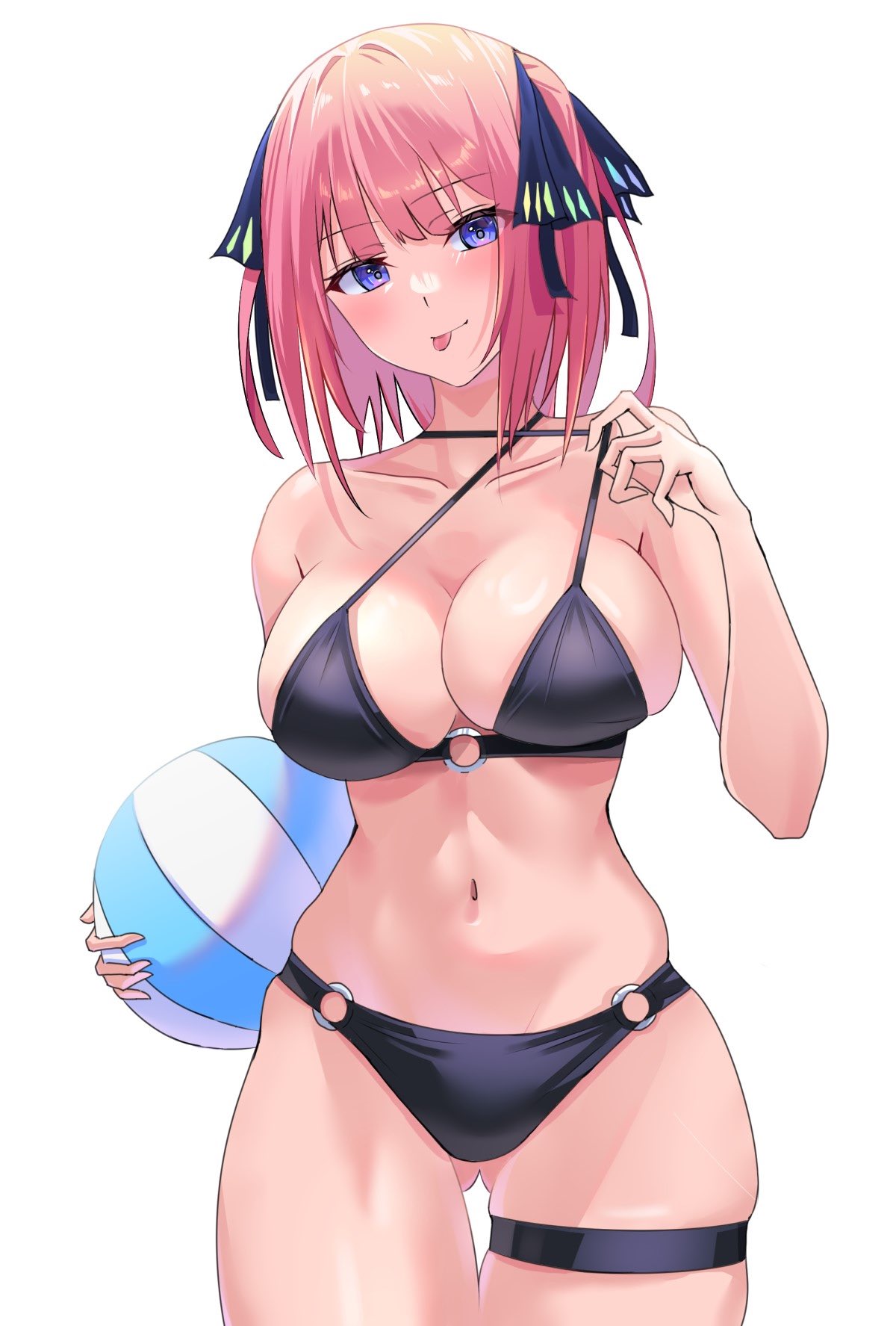 1girl :p ass_visible_through_thighs ball bare_shoulders beachball bikini black_bikini black_ribbon blue_eyes blunt_bangs blush bob_cut breasts butterfly_hair_ornament cleavage closed_mouth clothes_pull collarbone commentary_request go-toubun_no_hanayome hair_ornament hair_ribbon highres holding holding_ball holding_beachball large_breasts looking_at_viewer midriff nakano_nino navel o-ring o-ring_bikini o-ring_bottom pink_hair ribbon sidelocks simple_background skindentation solo standing stomach string_bikini swimsuit thigh_strap thighs tongue tongue_out two_side_up uyufuzi_s white_background