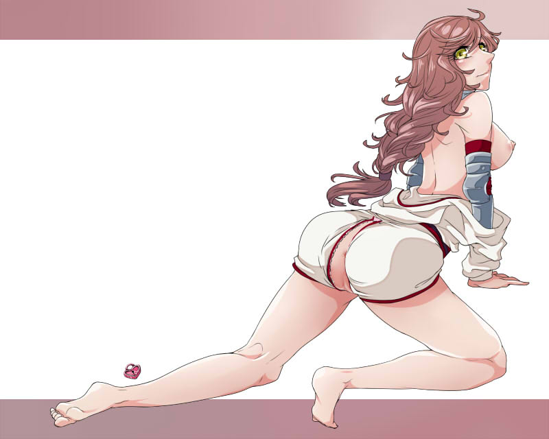 1girl anus ass back barefoot braid braided_ponytail breasts brown_hair elbow_gloves flipped_hair flowery_peko full_body gauntlets gloves jumpsuit jumpsuit_around_waist large_breasts long_hair looking_at_viewer looking_back low-tied_long_hair mechanic_(ragnarok_online) nipples open_mouth pussy ragnarok_online red_gloves soles solo white_background white_jumpsuit yellow_eyes zipper