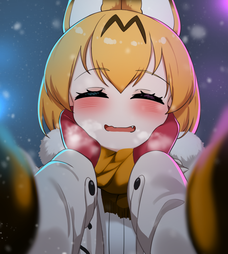 1girl alternate_costume animal_ears blonde_hair blush cat_ears cat_tail chis_(js60216) closed_eyes coat extra_ears fang fur_collar gloves hair_between_eyes kemono_friends meme open_clothes open_coat pov_cheek_warming_(meme) red_gloves scarf serval_(kemono_friends) shirt short_hair sidelocks snow snowing tail white_coat white_fur white_shirt winter_clothes winter_coat yellow_gloves yellow_scarf