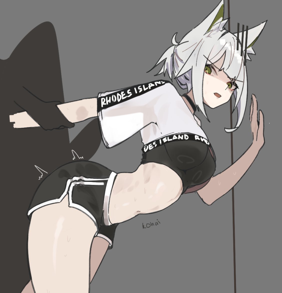 1boy 1girl 1other against_wall animal_ears arknights arm_grab black_choker blunt_bangs breasts cat_ears cat_girl choker from_behind green_eyes hand_on_wall humping kal'tsit_(arknights) large_breasts navel nuggetkouhai ponytail rhodes_island_logo_(arknights) short_hair short_ponytail shorts sidelocks sports_bra sportswear thick_thighs thighs unamused white_hair