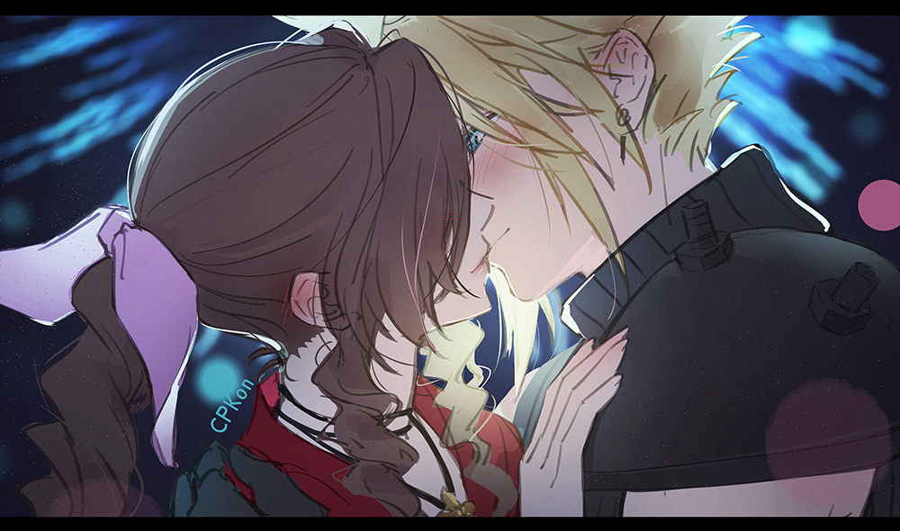 1boy 1girl aerith_gainsborough aqua_eyes armor artist_name black_gloves black_shirt blonde_hair blurry blurry_background blush braid braided_ponytail brown_hair cat_princess choker closed_mouth cloud_strife couple earrings final_fantasy final_fantasy_vii final_fantasy_vii_remake fireworks flower_choker gloves hair_over_eyes hair_ribbon hand_on_another's_shoulder hetero imminent_kiss jacket jewelry kiss letterboxed long_hair looking_at_another parted_bangs pink_ribbon red_jacket ribbon shirt short_hair shoulder_armor sidelocks single_bare_shoulder single_braid single_earring sleeveless sleeveless_turtleneck smile spiked_hair turtleneck upper_body wavy_hair