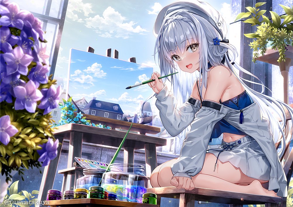 1girl :d bare_legs bare_shoulders barefoot beret blue_skirt commentary_request detached_sleeves flower from_side fujima_takuya hat legs long_sleeves looking_at_viewer looking_to_the_side miniskirt original paint painting_(action) painting_(object) purple_flower sitting skirt smile soles solo toes wariza white_hair