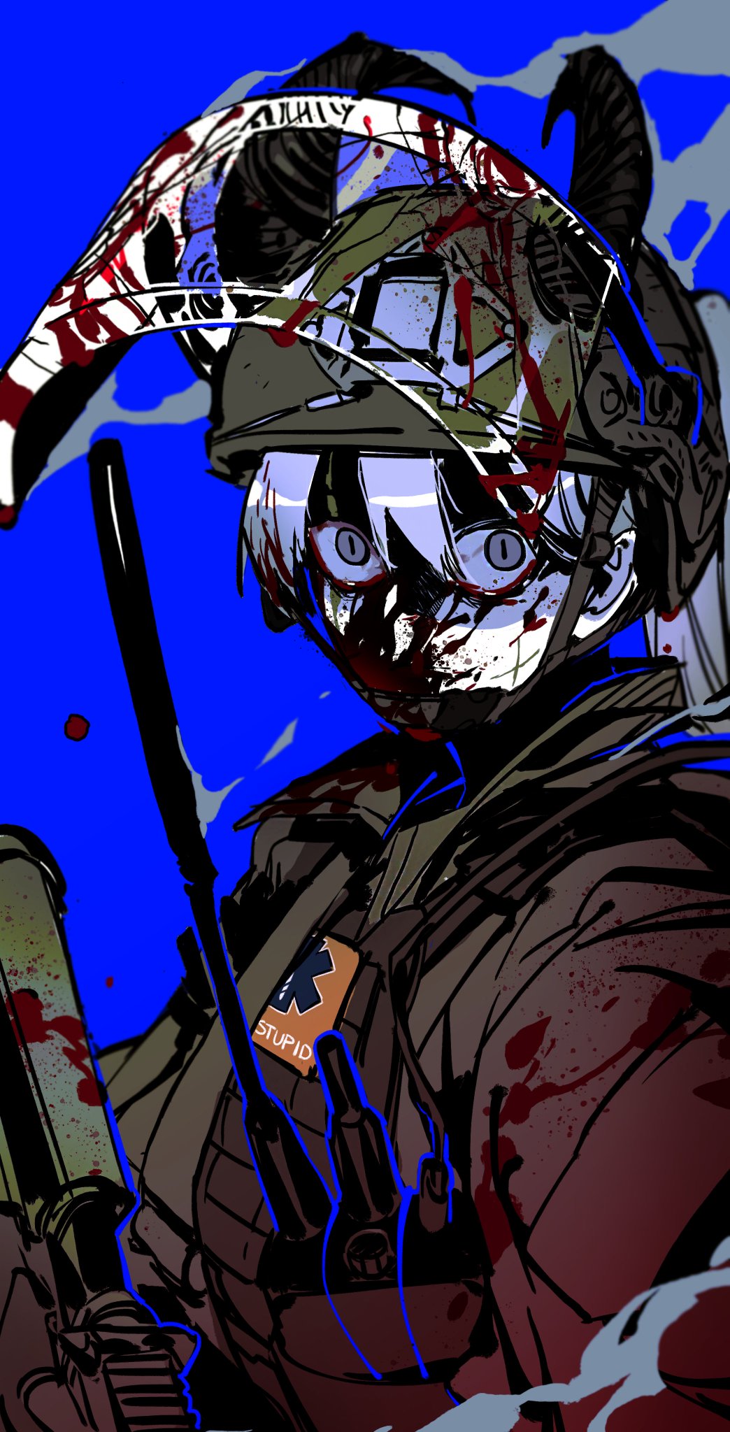 1girl assault_rifle black_horns black_jacket blood blood_on_clothes blood_on_face blood_on_weapon blue_background blue_eyes blue_hair body_armor bulletproof_vest combat_helmet crack curled_horns demon_horns epakim gun helmet highres horns jacket long_hair long_sleeves looking_at_viewer military military_uniform original plate_carrier ponytail radio radio_antenna rifle scratches shaded_face simple_background slit_pupils solo uniform visor_(armor) weapon