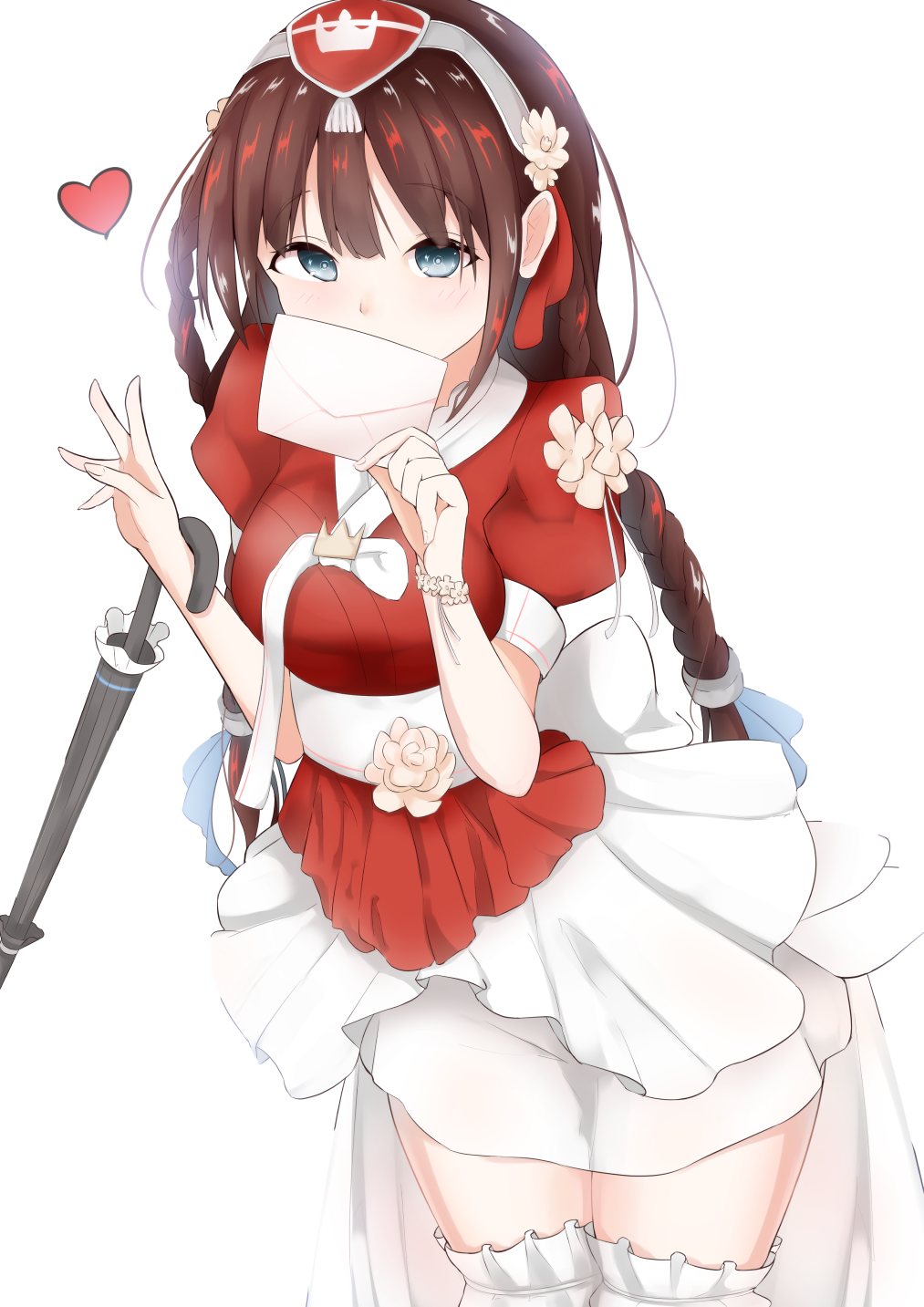 azur_lane brown_hair flower flower_ornament green_eyes hair_flower hair_ornament highres holding holding_letter korean_clothes letter light_blush long_hair looking_at_viewer newcastle_(azur_lane) newcastle_(hibiscus_garments)_(azur_lane) nossan_(mr._riding) ponytail thighhighs umbrella white_thighhighs