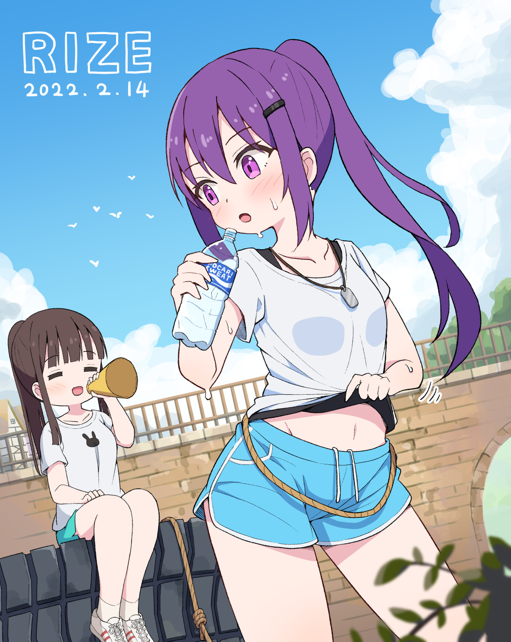 2girls animal_print aqua_shorts bird black_undershirt blue_shorts blue_sky blunt_bangs blush bottle breasts bridge character_name closed_eyes clothes_lift commentary_request cowboy_shot dated day dog_tags dolphin_shorts facing_viewer gochuumon_wa_usagi_desu_ka? hair_between_eyes hair_ornament hairclip happy_birthday highres holding holding_bottle holding_megaphone looking_to_the_side megaphone mohei motion_lines multiple_girls navel open_mouth outdoors partial_commentary plant ponytail purple_eyes purple_hair rabbit_print railing rope shirt shirt_lift shoes shorts sidelocks sitting sky small_breasts sneakers socks standing sweat t-shirt tedeza_rize thighs tire tree ujimatsu_chiya undershirt water_bottle white_footwear white_shirt white_socks